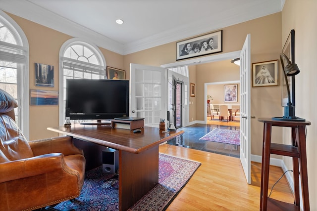 1130 Crater Hill Dr, Nashville, TN 37215 - home office with ornamental molding, healthy amount of natural light, wood finished floors, baseboards, and french doors