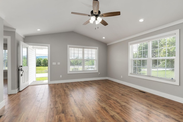 7959 Monterey Hwy, Sparta, TN 38583 - unfurnished living room featuring ceiling fan, healthy amount of natural light, hardwood / wood-style floors, ornamental molding, and vaulted ceiling