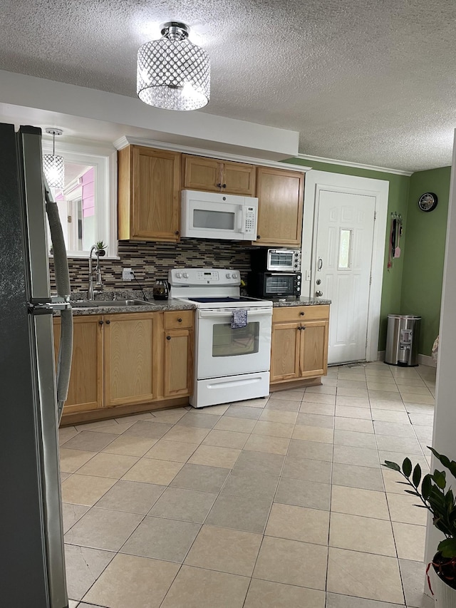 438 Tampa Dr, Nashville, TN 37211 - kitchen featuring white appliances, a sink, a textured ceiling, backsplash, and light tile patterned flooring
