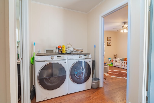 1689 Pleasant Ridge Rd, Huntland, TN 37345 - washroom with independent washer and dryer, hardwood / wood-style floors, a ceiling fan, and crown molding