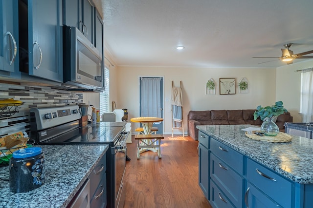 1689 Pleasant Ridge Rd, Huntland, TN 37345 - kitchen with stainless steel appliances, blue cabinetry, open floor plan, tasteful backsplash, and dark wood-style flooring