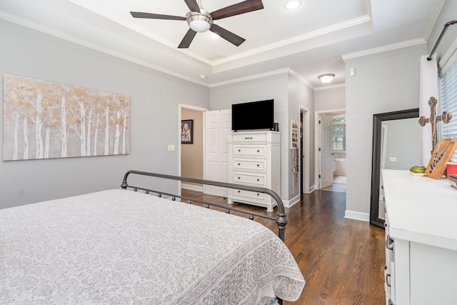 1002 Bradby Dr, Burns, TN 37029 - bedroom featuring dark wood-style flooring, a tray ceiling, crown molding, baseboards, and recessed lighting