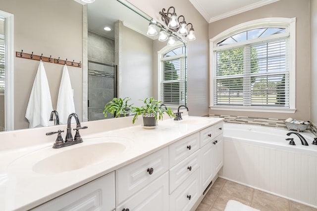1002 Bradby Dr, Burns, TN 37029 - full bath with crown molding, double vanity, a garden tub, tile patterned floors, and a tile shower