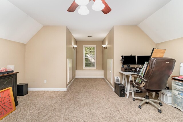 1002 Bradby Dr, Burns, TN 37029 - office area with ceiling fan, lofted ceiling, carpet, and baseboards