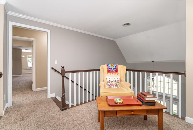 1002 Bradby Dr, Burns, TN 37029 - corridor featuring an upstairs landing, carpet floors, baseboards, ornamental molding, and lofted ceiling