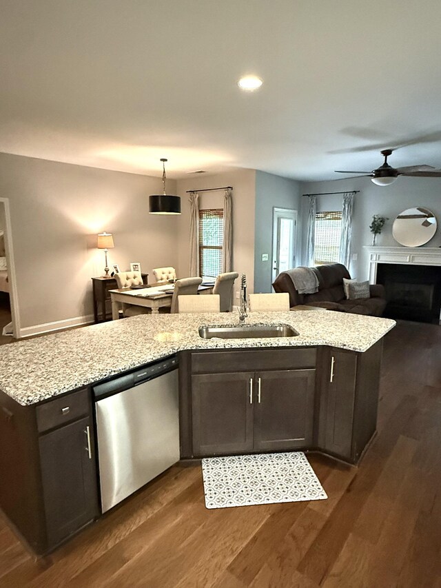 107 Auxley Ct, White House, TN 37188 - kitchen featuring dishwasher, a sink, ceiling fan, dark wood-style floors, and open floor plan