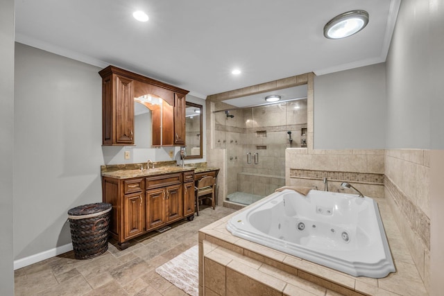 full bathroom with ornamental molding, a stall shower, a whirlpool tub, vanity, and recessed lighting