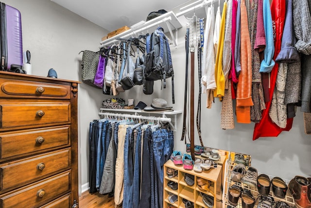 walk in closet with wood finished floors