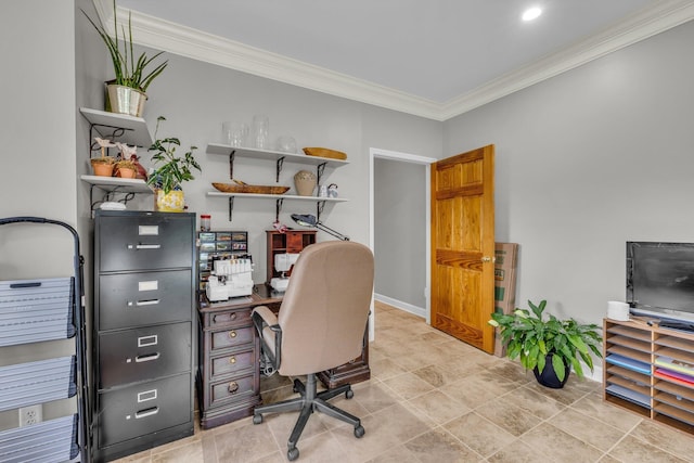 office area with ornamental molding and baseboards