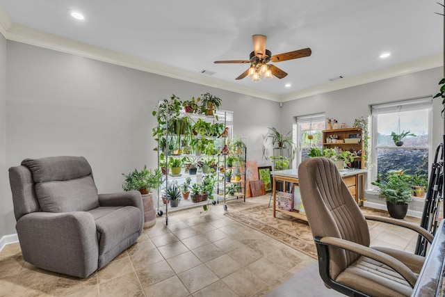 home office with a ceiling fan, recessed lighting, and crown molding