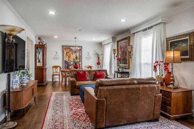 819 N Jefferson Ave, Cookeville, TN 38501 - living area with a chandelier, dark wood-type flooring, recessed lighting, crown molding, and baseboards