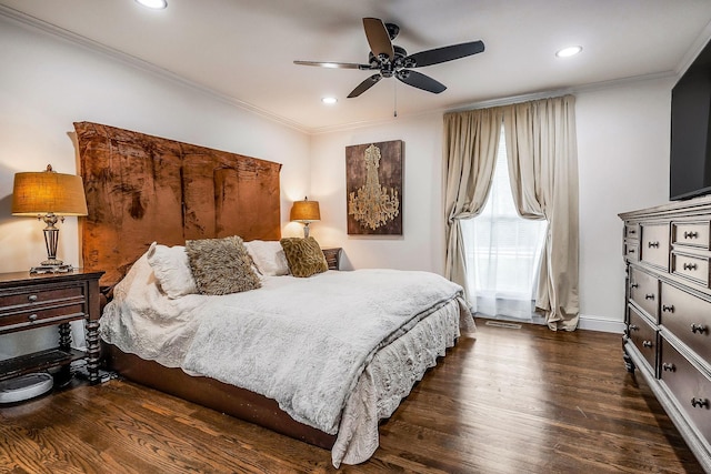 819 N Jefferson Ave, Cookeville, TN 38501 - bedroom with dark wood finished floors, recessed lighting, ornamental molding, baseboards, and ceiling fan