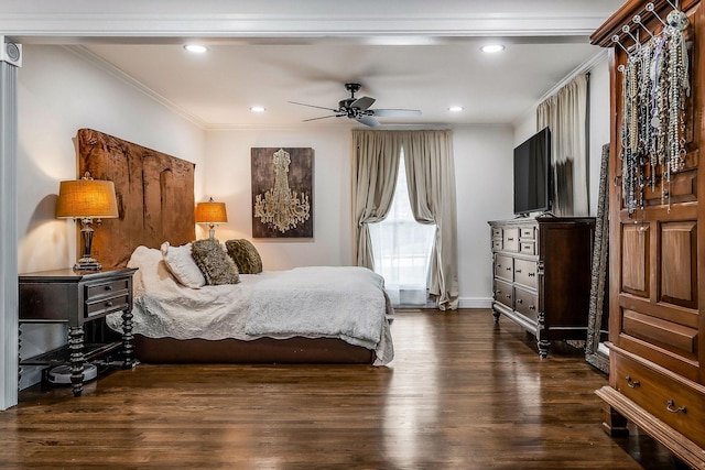 819 N Jefferson Ave, Cookeville, TN 38501 - bedroom featuring ornamental molding, dark wood finished floors, baseboards, recessed lighting, and a ceiling fan
