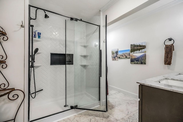 819 N Jefferson Ave, Cookeville, TN 38501 - full bath featuring marble look tile flooring, a shower stall, baseboards, crown molding, and vanity
