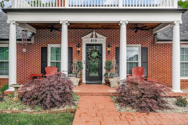 819 N Jefferson Ave, Cookeville, TN 38501 - doorway to property with a balcony, a ceiling fan, and brick siding