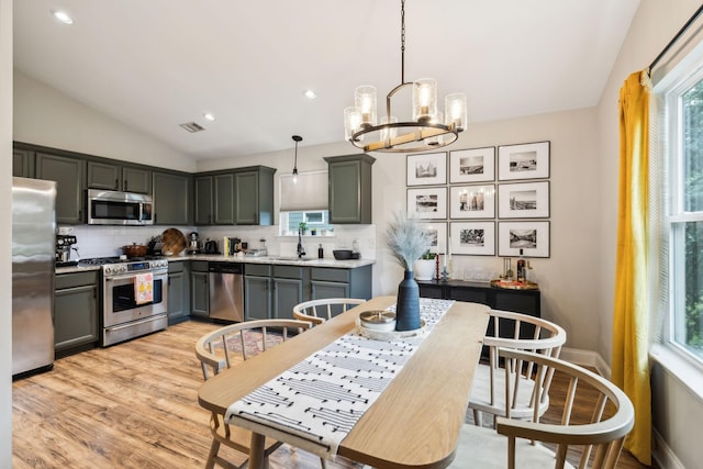143 Two Mile Pike, Goodlettsville, TN 37072 - kitchen featuring appliances with stainless steel finishes, a chandelier, lofted ceiling, a sink, and decorative backsplash