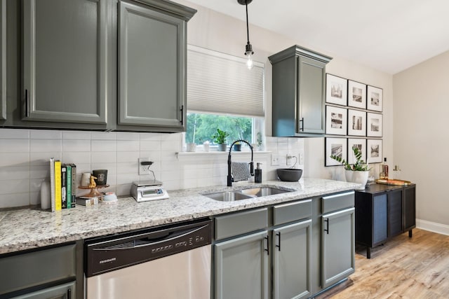 143 Two Mile Pike, Goodlettsville, TN 37072 - kitchen with stainless steel dishwasher, a sink, tasteful backsplash, and gray cabinets