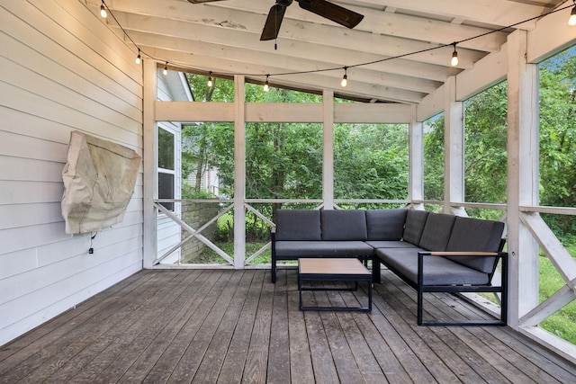 143 Two Mile Pike, Goodlettsville, TN 37072 - sunroom / solarium with track lighting, an outdoor hangout area, a ceiling fan, and lofted ceiling