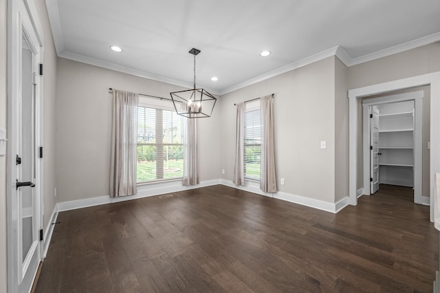 196 Knoxleigh Way, Murfreesboro, TN 37129 - unfurnished dining area with a chandelier, dark wood-style flooring, recessed lighting, baseboards, and ornamental molding