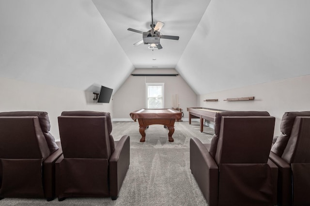 196 Knoxleigh Way, Murfreesboro, TN 37129 - cinema featuring pool table, carpet flooring, vaulted ceiling, a ceiling fan, and baseboards