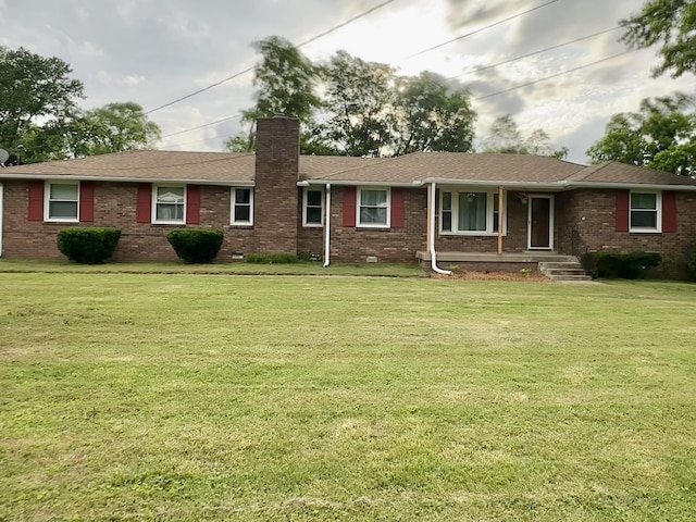 215 Highland Dr, Old Hickory, TN 37138 - ranch-style house featuring a chimney, brick siding, a front lawn, crawl space, and a shingled roof