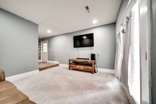 1112 Belmont Dr, Cookeville, TN 38506 - living room featuring attic access, carpet floors, baseboards, and recessed lighting