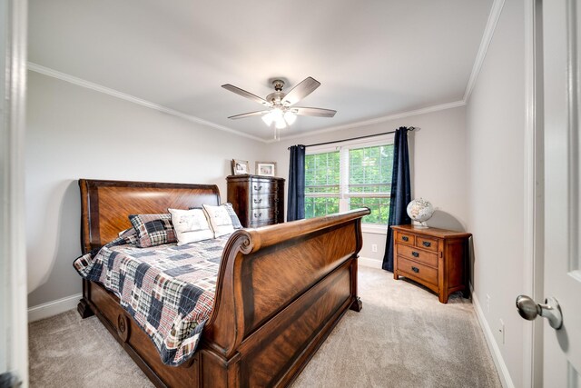 1112 Belmont Dr, Cookeville, TN 38506 - bedroom featuring baseboards, light colored carpet, ornamental molding, and ceiling fan