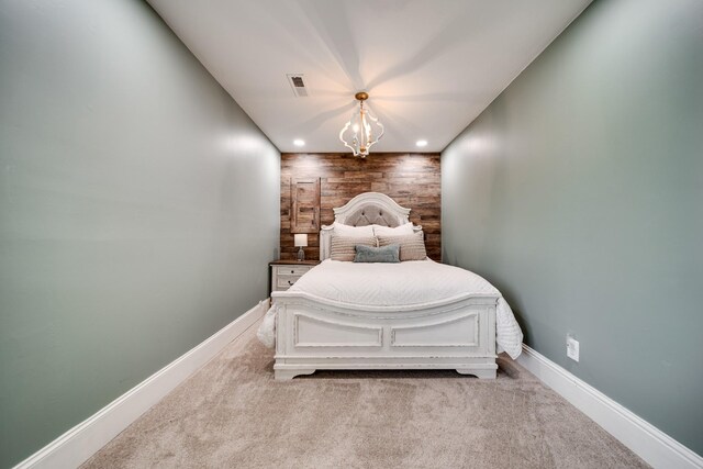 1112 Belmont Dr, Cookeville, TN 38506 - bedroom featuring carpet flooring, a chandelier, baseboards, wood walls, and recessed lighting