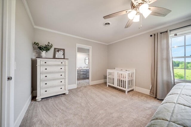 1112 Belmont Dr, Cookeville, TN 38506 - bedroom with crown molding, light carpet, baseboards, a ceiling fan, and ensuite bath