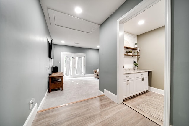 1112 Belmont Dr, Cookeville, TN 38506 - hall featuring attic access, light wood-style flooring, recessed lighting, baseboards, and french doors