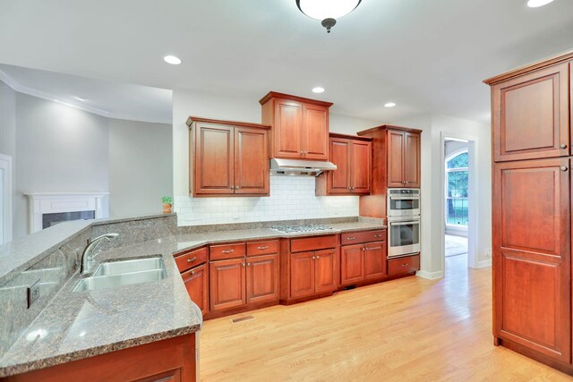 358 Spring Valley Dr, Cottontown, TN 37048 - kitchen featuring under cabinet range hood, a sink, light wood-type flooring, double oven, and tasteful backsplash
