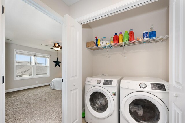 328 Fallow Cir, Clarksville, TN 37040 - laundry area featuring washer and clothes dryer, carpet flooring, baseboards, and ceiling fan