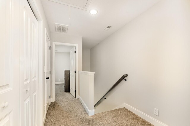 328 Fallow Cir, Clarksville, TN 37040 - hall with an upstairs landing, light carpet, attic access, baseboards, and recessed lighting