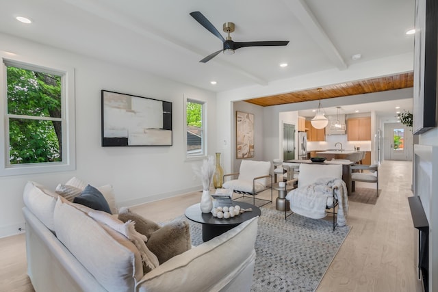 301B Oriel Ave, Nashville, TN 37210 - living room featuring beam ceiling, ceiling fan, baseboards, light wood-style floors, and recessed lighting