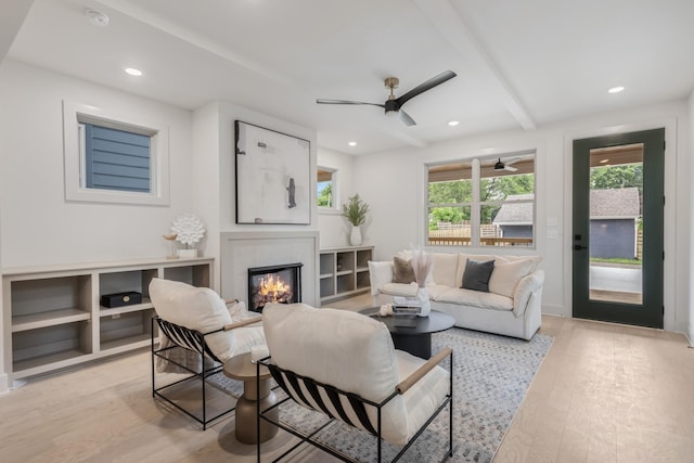 301B Oriel Ave, Nashville, TN 37210 - living area with a glass covered fireplace, light wood-style floors, a ceiling fan, and recessed lighting
