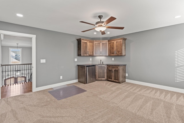 512 River Watch Way, Winchester, TN 37398 - indoor wet bar featuring light colored carpet, ceiling fan, dishwasher, baseboards, and recessed lighting