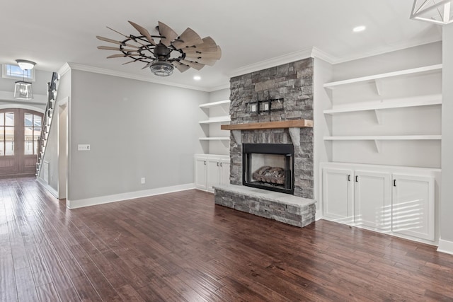 512 River Watch Way, Winchester, TN 37398 - unfurnished living room with crown molding, dark wood finished floors, ceiling fan, a fireplace, and recessed lighting