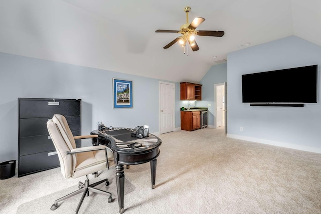 316 Whitworth Way, Nashville, TN 37205 - home office featuring vaulted ceiling, light colored carpet, a ceiling fan, baseboards, and wine cooler