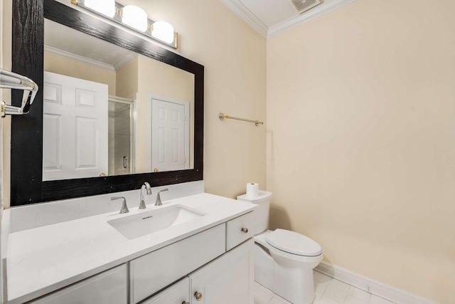 316 Whitworth Way, Nashville, TN 37205 - bathroom with crown molding, a shower stall, toilet, vanity, and baseboards