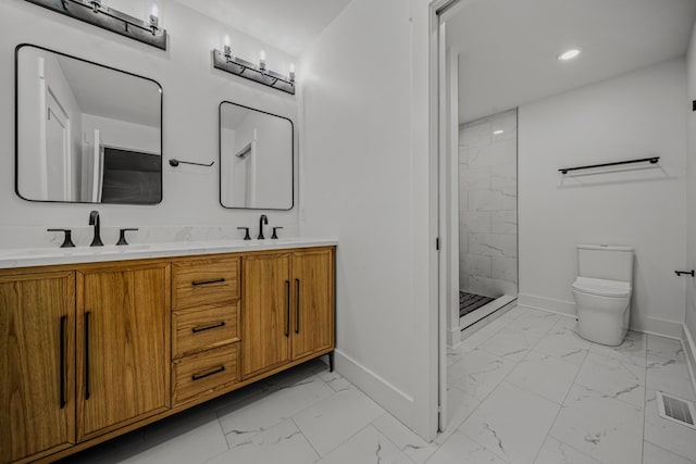 6611 Ellesmere Rd, Nashville, TN 37205 - bathroom with marble finish flooring, baseboards, toilet, tiled shower, and recessed lighting