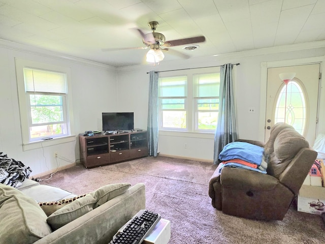 118 Bone Cave Rd, Rock Island, TN 38581 - living area featuring plenty of natural light, crown molding, carpet flooring, and a ceiling fan