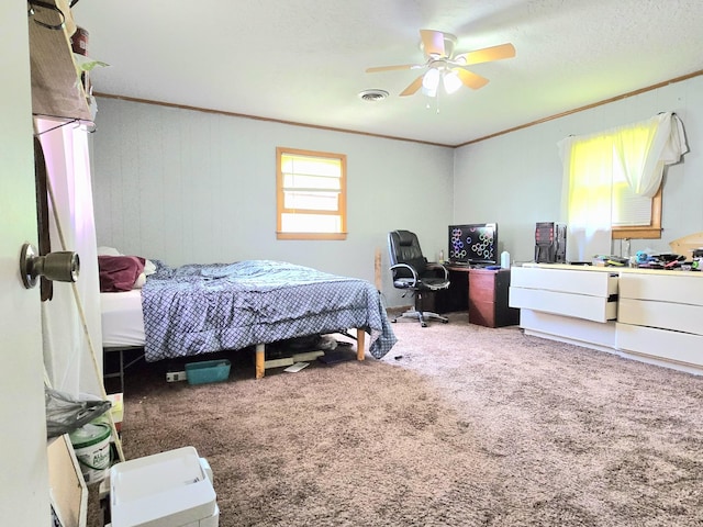 118 Bone Cave Rd, Rock Island, TN 38581 - carpeted bedroom featuring crown molding, an office area, and a ceiling fan