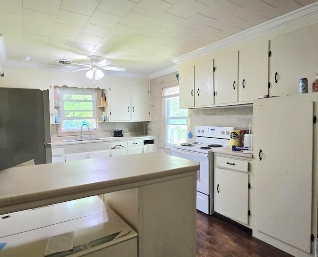118 Bone Cave Rd, Rock Island, TN 38581 - kitchen featuring white appliances, ornamental molding, a sink, ceiling fan, and light countertops