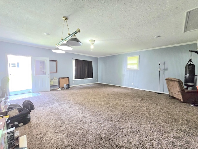 118 Bone Cave Rd, Rock Island, TN 38581 - unfurnished living room with crown molding, a textured ceiling, carpet flooring, and baseboards