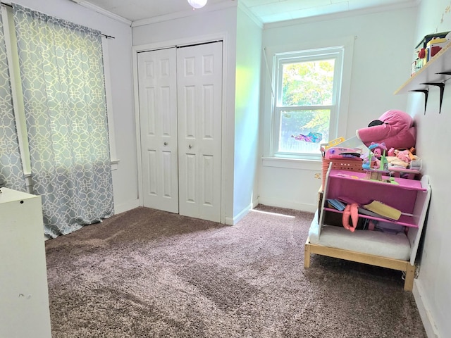 118 Bone Cave Rd, Rock Island, TN 38581 - carpeted bedroom with crown molding, a closet, and baseboards