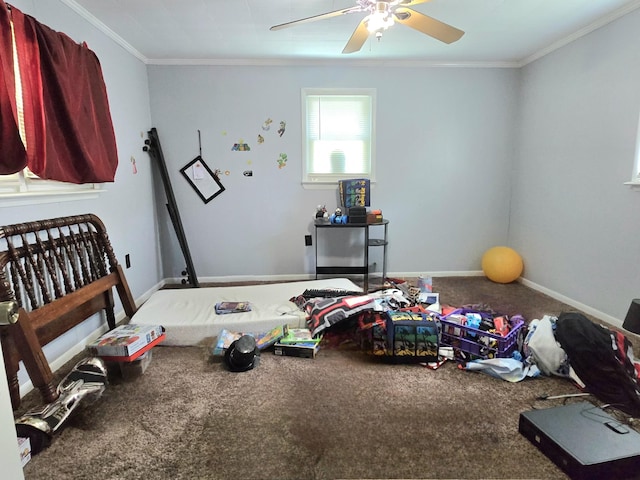 118 Bone Cave Rd, Rock Island, TN 38581 - exercise room featuring crown molding, carpet, ceiling fan, and baseboards