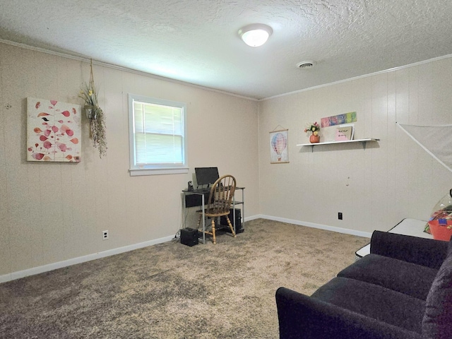 118 Bone Cave Rd, Rock Island, TN 38581 - sitting room featuring ornamental molding, a textured ceiling, carpet, and a desk