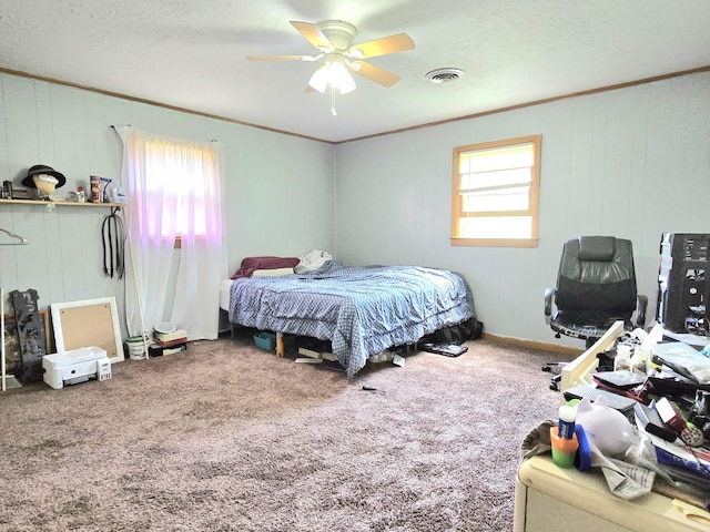 118 Bone Cave Rd, Rock Island, TN 38581 - bedroom with multiple windows, carpet floors, ornamental molding, a textured ceiling, and ceiling fan