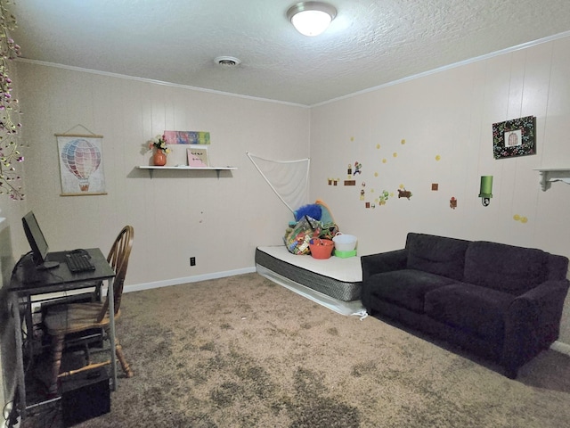 118 Bone Cave Rd, Rock Island, TN 38581 - carpeted office space with crown molding, a textured ceiling, and baseboards
