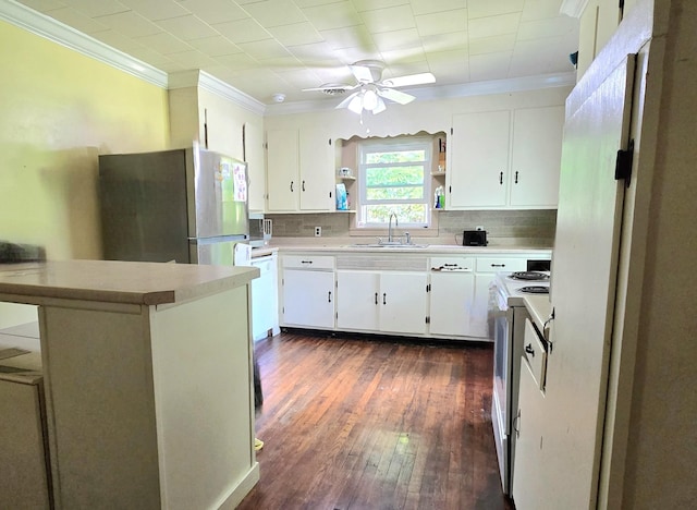 118 Bone Cave Rd, Rock Island, TN 38581 - kitchen with freestanding refrigerator, a sink, ornamental molding, open shelves, and white electric range